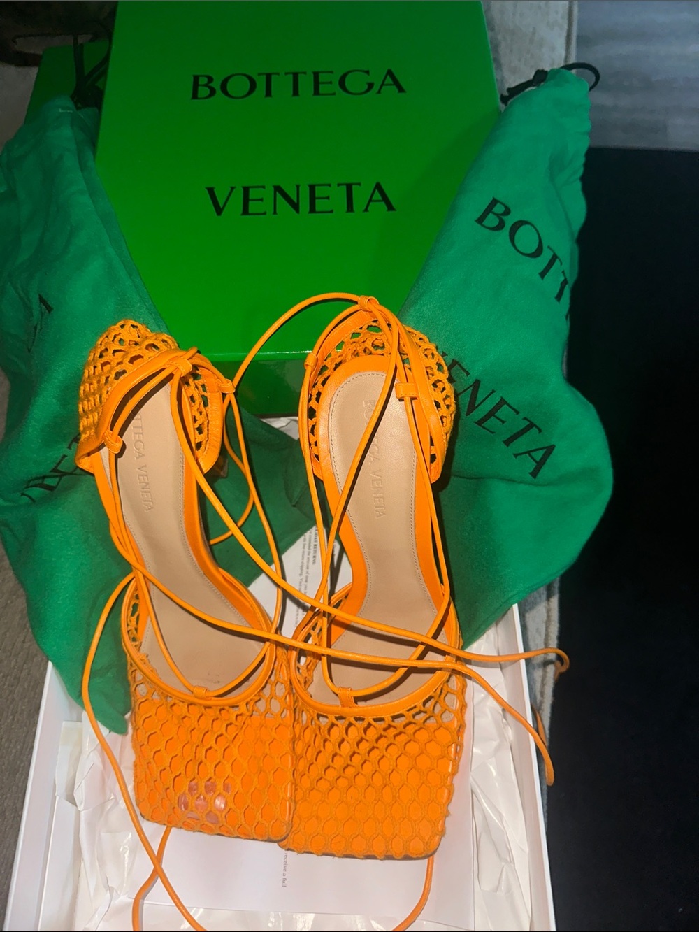Bottega Veneta Orange Woven Lace-Up Sandals